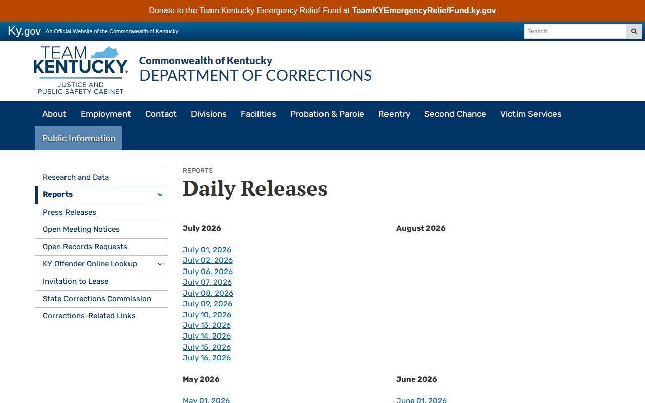 Kentucky DOC Daily Releases archive used for Ballard County released inmates