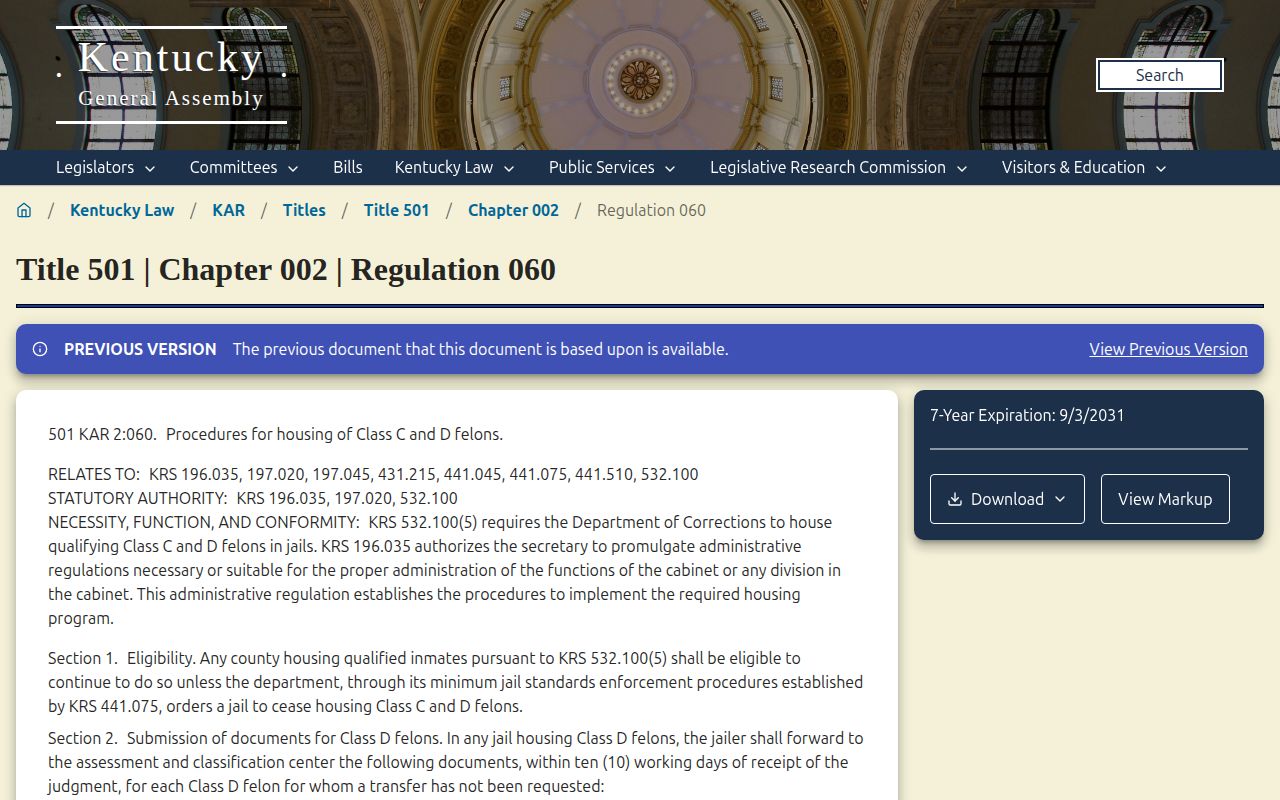 Kentucky regulation governing sentence credits for qualified state inmates in jails